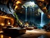 An underground cave with a waterfall