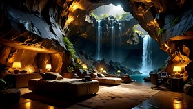 An underground cave with a waterfall