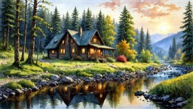 a cabin by a stream