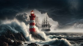 Lighthouse and Frigate in a Storm